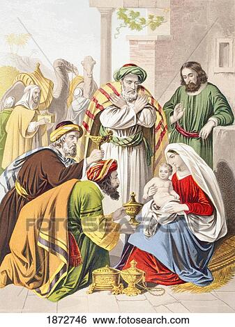 Nativity Scene. The Three Wise Men With The Holy Family. One Presents A Gift To The Infant Jesus. From The Holy Bible Published By William Collins, Sons, & Company In 1869. Chromolithograph By J. M. Kronheim & Co. View Large Photo Image Stock Photograph - Nativity Scene. The Three Wise Men With The Holy Family. One Presents A Gift To The Infant Jesus. From The Holy Bible Published By William Collins, Sons, & Company In 1869. Chromolithograph By J. M. Kronheim & Co.. Fotosearch