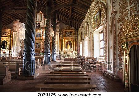 Stock Photography - Nave And Side Altar With A Gilded And Polychrome Wood Image Of The Virgin Mary Carved In The Mestizo-Baroque Style, Jesuit Mission Of Concepcion, Santa Cruz Department, Bolivia. Fotosearch