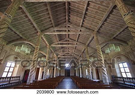 Stock Image - Nave, Frescoes With Tropical Motifs On The Walls And Main Entrance, Jesuit Mission Of San Javier De Velasco, Santa Cruz Department, Bolivia. Fotosearch