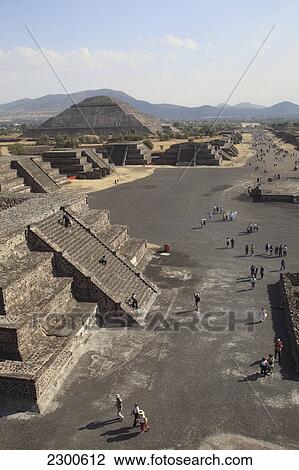 Stock Image - Near Mexico City; Mexico, Teotihuacan Archeological Site, View From Top Of Pyramid Of The Moon Along Avenue Of The Dead. Fotosearch