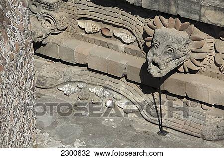 Stock Image - Near Mexico City; Mexico, Teotihuacan Archeological Site, Feathered Serpent Pyramid. Fotosearch