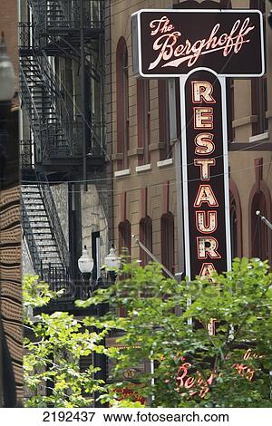 Stock Photo - Neon Sign For The Berghoff Restaurant; Chicago Illinois United States Of America. Fotosearch