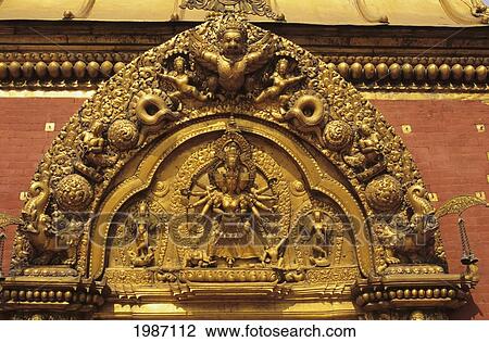 Nepal, Bhaktapur, Durbar Square, Top Of Golden Gate, Detail Of Golden Carvings And Design. View Large Photo Image Stock Image - Nepal, Bhaktapur, Durbar Square, Top Of Golden Gate, Detail Of Golden Carvings And Design.. Fotosearch