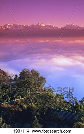 Nepal, Pink sunset and himalayan mountains in background; Nagarkot View Large Photo Image Picture - Nepal, Pink sunset and himalayan mountains in background; Nagarkot. Fotosearch