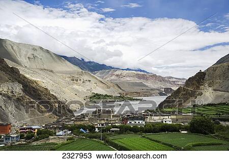 Nepal, Upper Mustang, Kali Gandaki gorge, Elevated view of village; Kagbeni View Large Photo Image Stock Image - Nepal, Upper Mustang, Kali Gandaki gorge, Elevated view of village; Kagbeni. Fotosearch