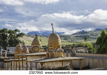 Stock Image - Nepal, Upper Mustang, View of Chortens; Lo Manthang. Fotosearch