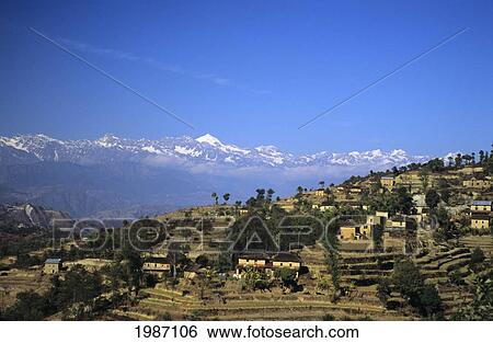 Nepal, Village Near Nagarkot, Distant Overview Of Terraces, Himalayan Mountains In Background. View Large Photo Image Stock Photograph - Nepal, Village Near Nagarkot, Distant Overview Of Terraces, Himalayan Mountains In Background.. Fotosearch