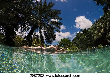 Stock Image - Netherlands Antilles, Caribbean, Curacao, woman lies at the end of an infinity pool with a tropical background. Fotosearch
