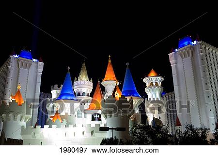 Stock Photo - Nevada, Las Vegas, Excalibur Hotel And Casino, Lights Illuminating Castles At Night.. Fotosearch