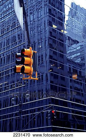 Stock Image - New York City, Glass Skyscraper, Traffic Lights. Usa.. Fotosearch