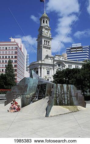 Stock Image - New Zealand, Auckland, Old Town, Children Sitting On Fountain.. Fotosearch