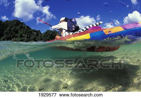 Stock Photo - New Zealand, Matapouri Estuary; Northland, Man Kayaking Across Sandy Estuary. Fotosearch