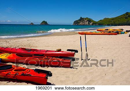 Stock Image - New Zealand, North Island, Coromandel, Hahei Beach, Red Ocean Kayaks On White Sand.. Fotosearch
