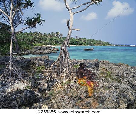 Stock Photography - Ni-Vanuatu man in traditional grass skirt; Efate Island, Vanuatu. Fotosearch