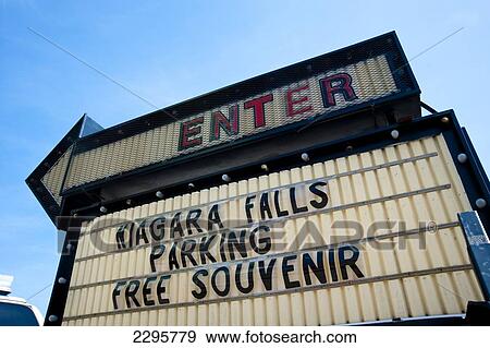 Stock Photo - Niagara Falls Parking Entrance Sign, Ontario And New York Border, Canada And United States Of America. Fotosearch