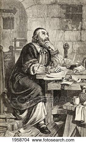 Picture - Nicholas Ridley Writing Letters In Prison Whilst Awaiting His Execution. Nicholas Ridley C. 1500 To 1555. English Bishop Of London. From The Book Of Martyrs By John Foxe, Published C. 1865.. Fotosearch