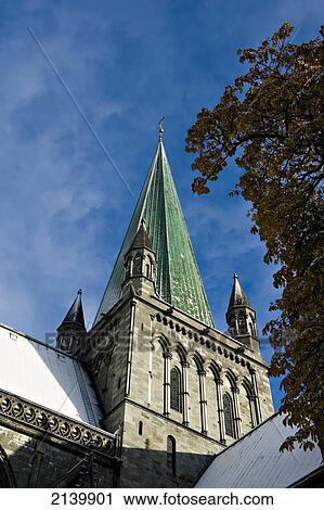 Stock Image - Nidaros Domkirke Cathedral; Trondheim, Sor-Trondelag, Norway. Fotosearch