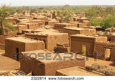 Picture - Niger, Central Niger, Tahoa, from rooftop of its World famous Friday Mosque; Yaama Village, Aerial view of Yaama Village. Fotosearch