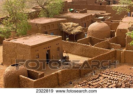 Stock Photo - Niger, Central Niger, Tahoa, from rooftop of its World famous Friday Mosque; Yaama Village, Aerial view of Yaama Village. Fotosearch