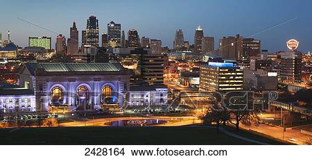 Picture - Nighttime skyline of Kansas City; Kansas City, Missouri, United States of America. Fotosearch