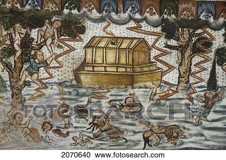 Stock Image - Noah's Ark And The Deluge Illustrated By Baroque-Mestizo Frescos Dating To The 17Th Century In The Baptistery Of Santiago De Curahuara De Carangas Church, The Sistine Chapel Of The Andes, Curahuara De Carangas, Oruro, Bolivia. Fotosearch