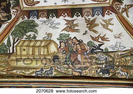 Stock Photo - Noah's Ark Illustrated By Baroque-Mestizo Frescos Dating To The 17Th Century In The Baptistery Of Santiago De Curahuara De Carangas Church, The Sistine Chapel Of The Andes, Curahuara De Carangas, Oruro, Bolivia. Fotosearch