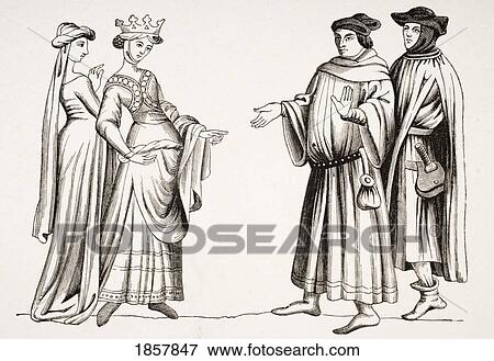 Stock Photo - Noble Lady And Maid Of Honour And Two Burgesses With Hoods From Miniature In Merveilles Du Monde. Fotosearch