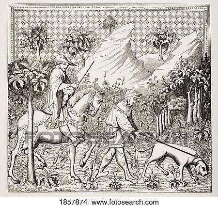 Picture - Nobleman In Hunting Costume With His Servant And Dog. From 14Th Century Miniature From Des Deduitz De La Chasse Des Bestes Sauvaiges By Gaston Phoebus. Fotosearch