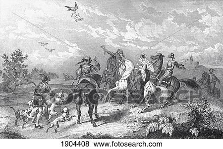 Stock Photo - Noblemen And Women Hawking During A Hunt. From A 19Th Century Print.. Fotosearch