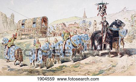 Noblewomen In Horse Drawn Coach Escorted By Trumpet Players In The 13Th Century. After A Watercolour By A. Heins. From Cortege Historique Des Moyens De Transport. Published Brussels, 1886. View Large Photo Image Stock Photo - Noblewomen In Horse Drawn Coach Escorted By Trumpet Players In The 13Th Century. After A Watercolour By A. Heins. From Cortege Historique Des Moyens De Transport. Published Brussels, 1886.. Fotosearch