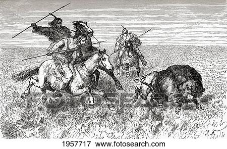 Stock Photo - North American Indians Hunting Buffalo In The Late 19Th Century. From North America, Published 1883.. Fotosearch