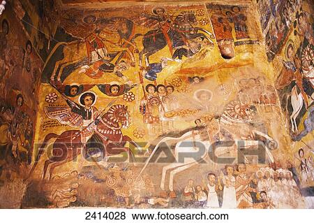 Stock Photo - Northex North wall showing St George on the lower right and St Theodore on the lower left, Abreha wa Atsbeha, a rock-cut church; Gheralta, Tigray region, Ethiopia. Fotosearch