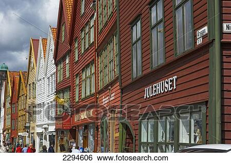 Stock Photograph - Norway, Hordaland, Bergen, Buildings along street; Bryggen. Fotosearch