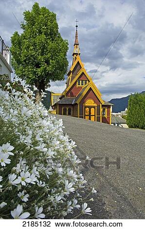 Stock Image - Norway, Sognefjord, English Church or Church of St Olav; Balestrand. Fotosearch