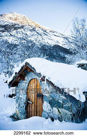 Norway, Sognefjord, snow covered traditional stone building which houses hydro electric generator; Ortnevik, Snowy alpine scenery View Large Photo Image Stock Image - Norway, Sognefjord, snow covered traditional stone building which houses hydro electric generator; Ortnevik, Snowy alpine scenery. Fotosearch
