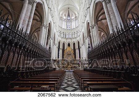 Stock Image - Oak Choir Stalls In Notre-Dame D'amiens Cathedral, Amiens, Somme, France. Fotosearch