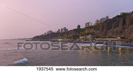 Stock Photography - Ocean Coast In Evening Light; Miraflores District Lima Peru. Fotosearch