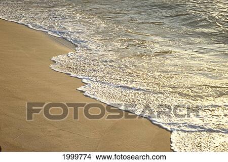 Picture - Ocean Shore Whitewash Upon Sand, Golden Afternoon Reflections C1737. Fotosearch