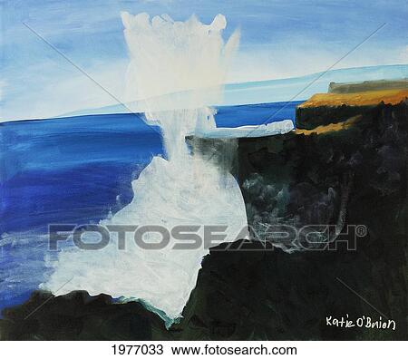 Stock Image - Ocean Spray At Blowhole, Oahu, Landscape Of Blowhole At Halona Cove (Oil Painting).. Fotosearch