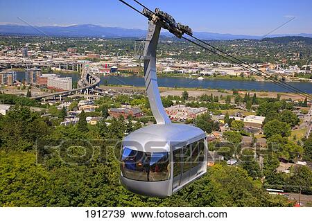 Stock Photo - Ohsu Tram And Mount Hood; Portland, Oregon, United States Of America. Fotosearch