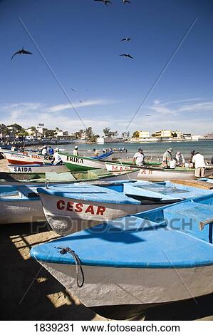 Stock Image - Olas Altas Boulevard Beach And Fish Boats; Mazatlan, Sinaloa, Mexico. Fotosearch