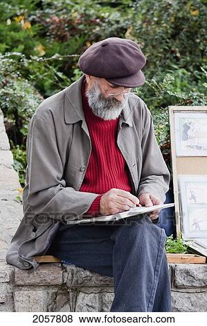 Stock Photo - Old Artist Drawing, Budapest, Hungary. Fotosearch