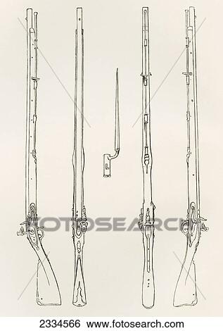 Stock Photograph - Old Brown Bess. Regulation Muskets And Socket Bayonet. From The British Army: It's Origins, Progress And Equipment, Published 1868.. Fotosearch