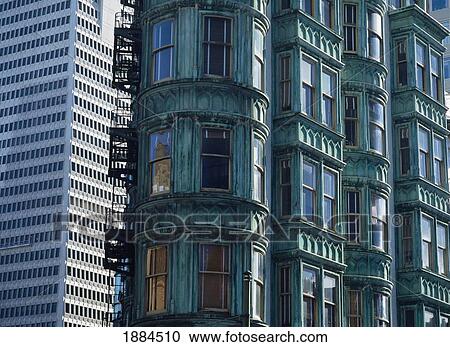 Stock Image - Old Building With The Trans-America Pyramid Behind, Close Up. Fotosearch