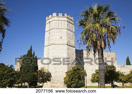 Stock Photograph - Old Castle And Trees Against A Blue Sky; Jerez De La Frontera Andalusia Spain. Fotosearch