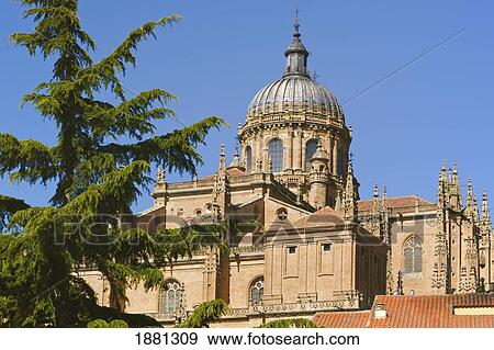 Stock Photo - Old Cathedral And Dome Seen From Plaza Del Concilio De Trento; Salamanca, Salamanca Province, Spain. Fotosearch