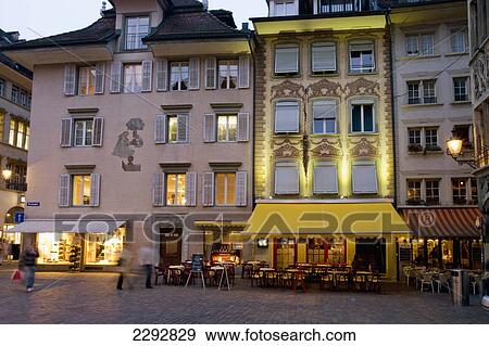 Stock Photo - Old City Streets Dusk, Lucerne, Switzerland. Fotosearch