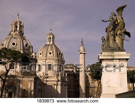 Stock Image - Old City With Domes Of Church And Monuments; Rome, Italy. Fotosearch