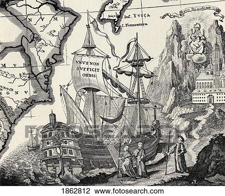 Stock Image - Old Engraving Of A Ship For An Ancient Map Made By A Benedictine Monk About 1740 From The Book The Century Illustrated Monthly Magazine May To October 1883. Fotosearch