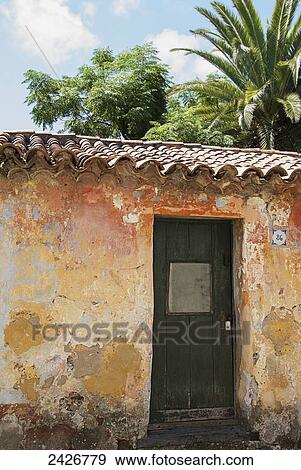 Stock Photo - Old house wall and door with palm tree; Colonia, Uruguay. Fotosearch